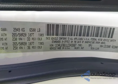 2020 Jeep Grand Cherokee Limited 4X4 from USA, damaged, VIN 1C4RJFBG1LC243367